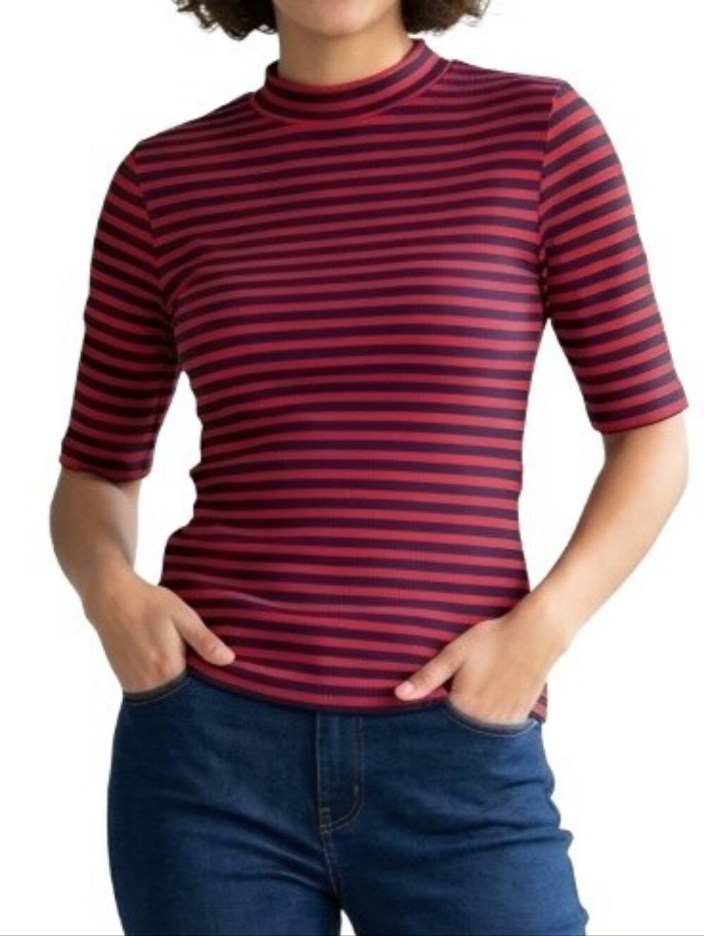 Style & Co Ribbed Knit Red Striped Blouse Top Mockneck Elbow Sleeves Stretch